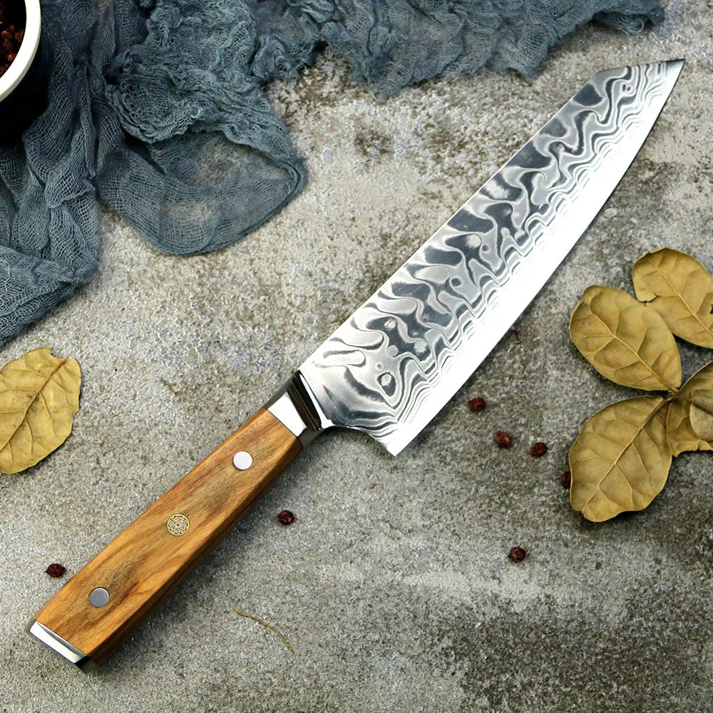 Amber 8 Inch Kitchen Knife 37 Layers AUS10V Japanese Chef Kiritsuke Utility Boning Knives Handmade Cooking Tools Olive Wood HD