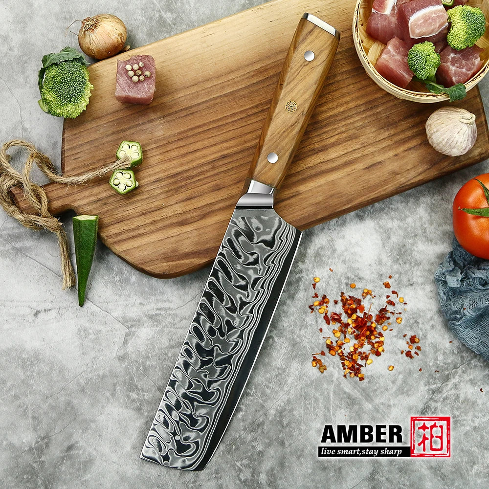 Amber 8 Inch Kitchen Knife 37 Layers AUS10V Japanese Chef Kiritsuke Utility Boning Knives Handmade Cooking Tools Olive Wood HD