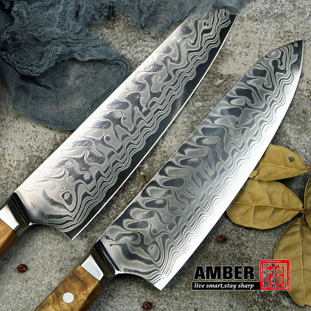 Amber 8 Inch Kitchen Knife 37 Layers AUS10V Japanese Chef Kiritsuke Utility Boning Knives Handmade Cooking Tools Olive Wood HD