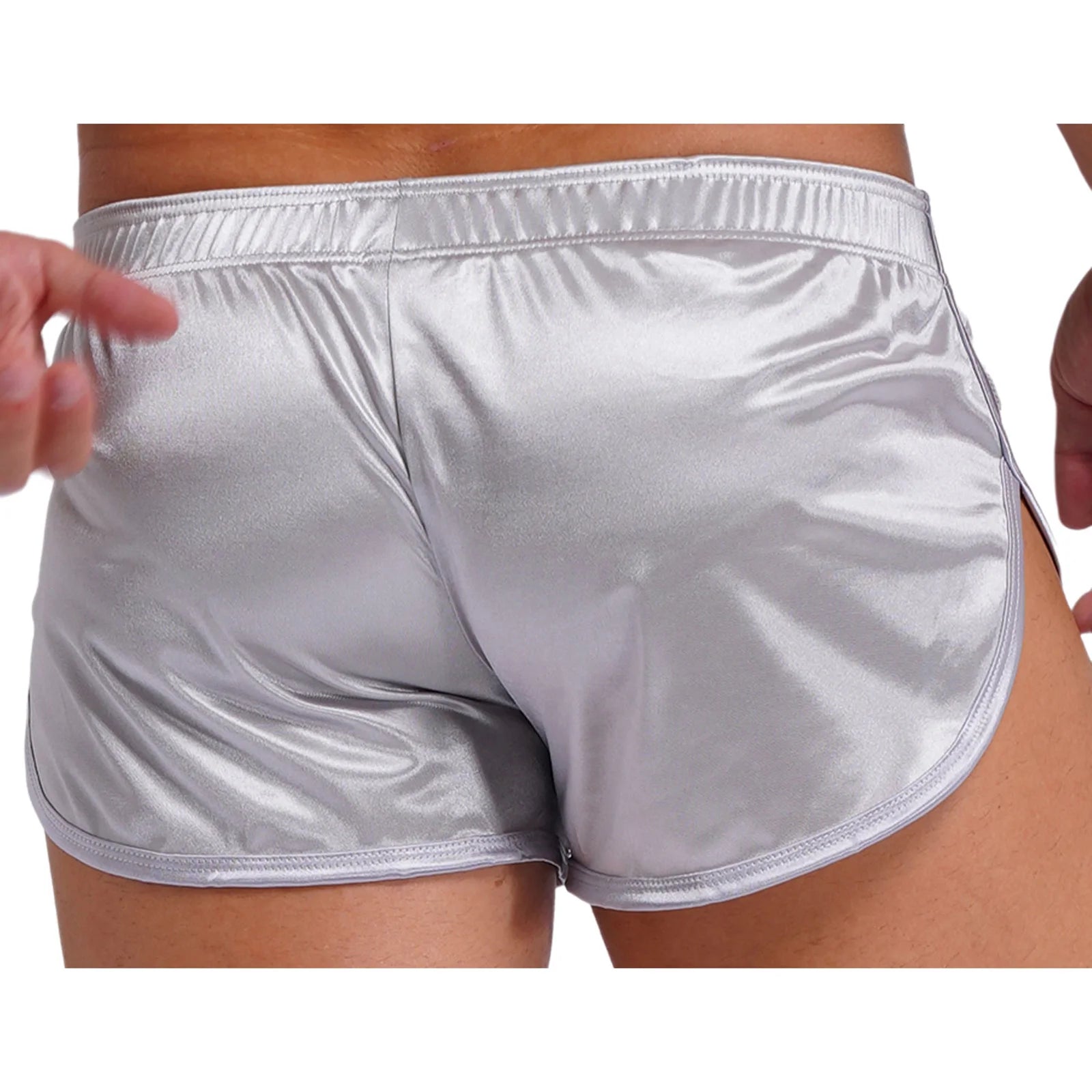 Men Side Split Satin Micro Shorts Built-in Bulge Pouch Boxer Brief Elastic Waistband Pajama Bottoms Loungewear Home Wear Trunks