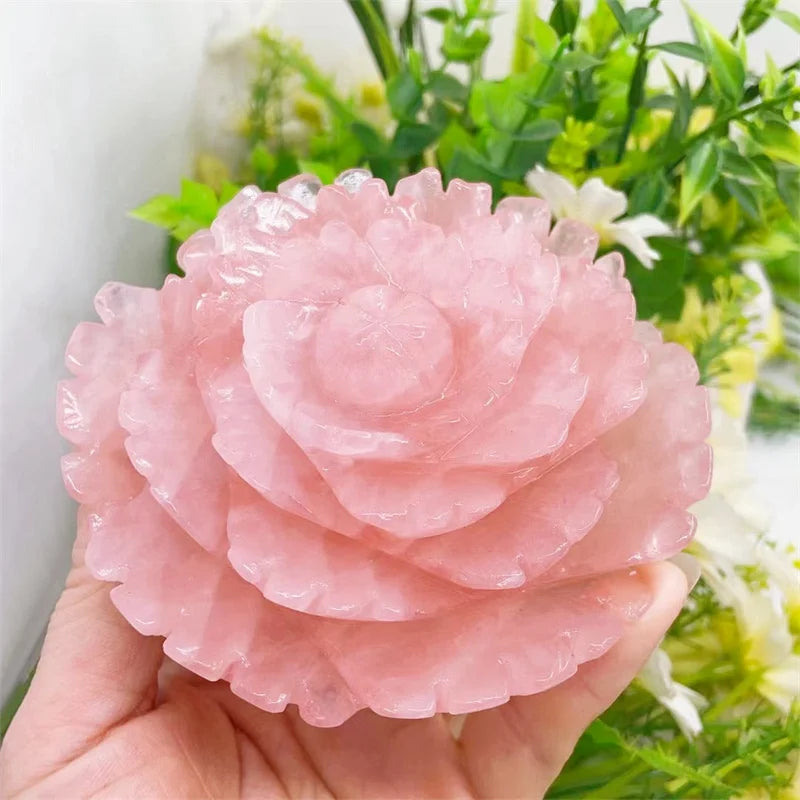 Natural Rose Quartz Flower Carving Peony Flower Energy Gem Reiki Healing Home Decoration Gift 1pcs 10CM