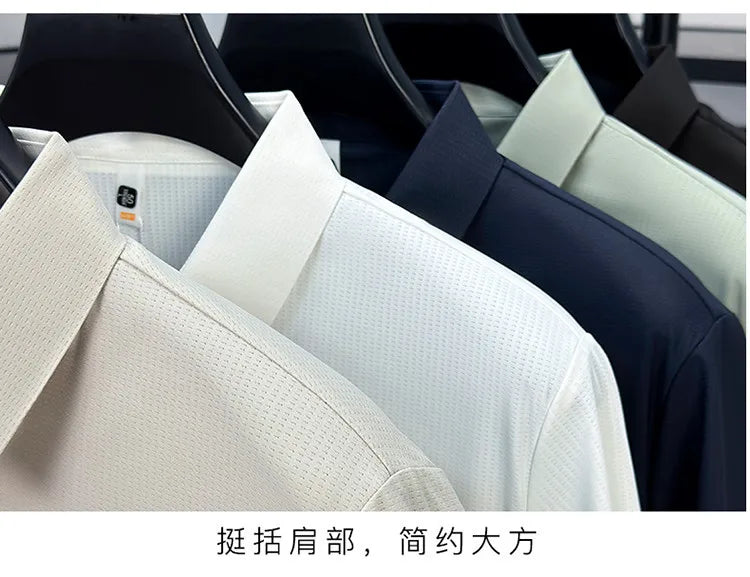Men's Seamless Tech Polo Shirt - 4-Hole Button, 180g UV Sun Protection, 7A Antibacterial Business Leisure High-End Tops