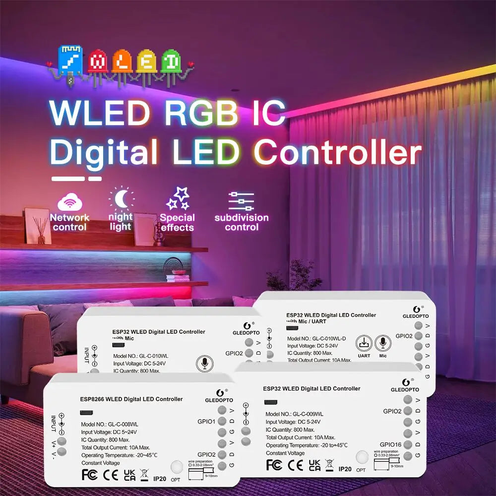 GLEDOPTO WLED Addressable RGB IC LED Strip Controller Smart App Control 800 ICs Home Tech LED Multi Dream Lighting Colorful ESP