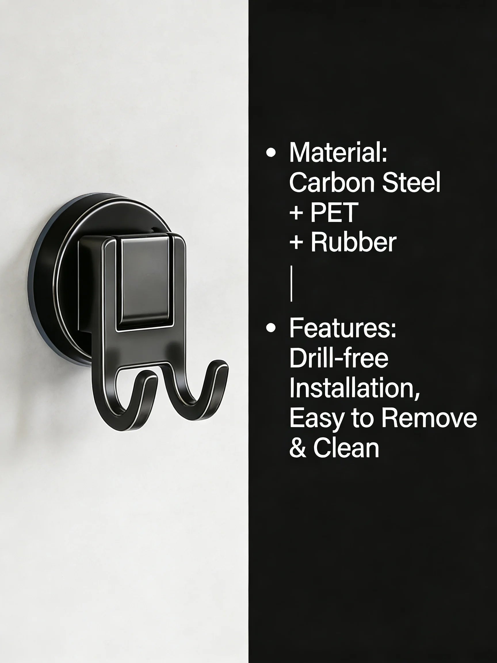 Suction Cup Double Hooks Carbon Steel No Drill Wall Hooks for Bathroom Kitchen Entryway Organizer for Home Office
