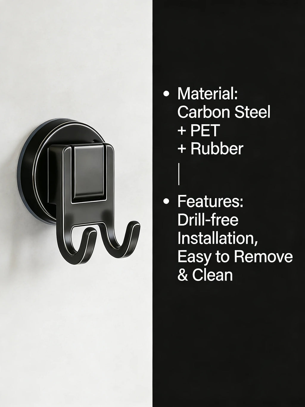 Suction Cup Double Hooks Carbon Steel No Drill Wall Hooks for Bathroom Kitchen Entryway Organizer for Home Office