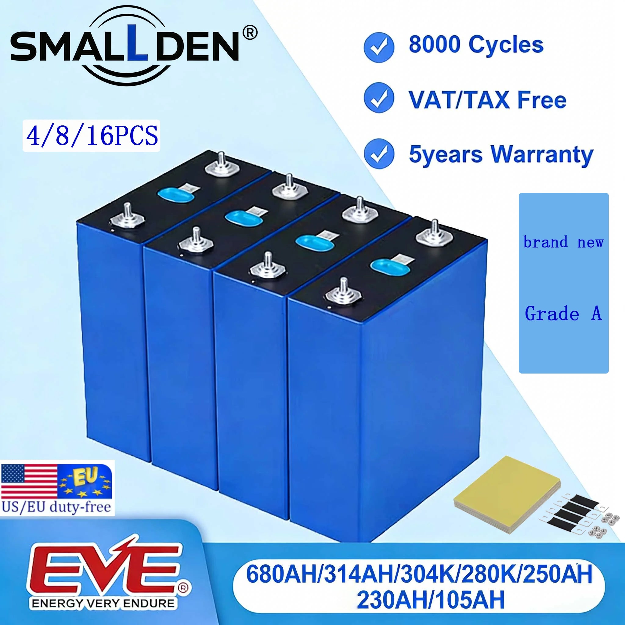 3.2V 105AH 230AH 250AH 280AH 304K 314AH 680AH EVE LifePO4 Battery Grade A Rechargeable DIY 12V 24V 48V for RV EV Home Energy