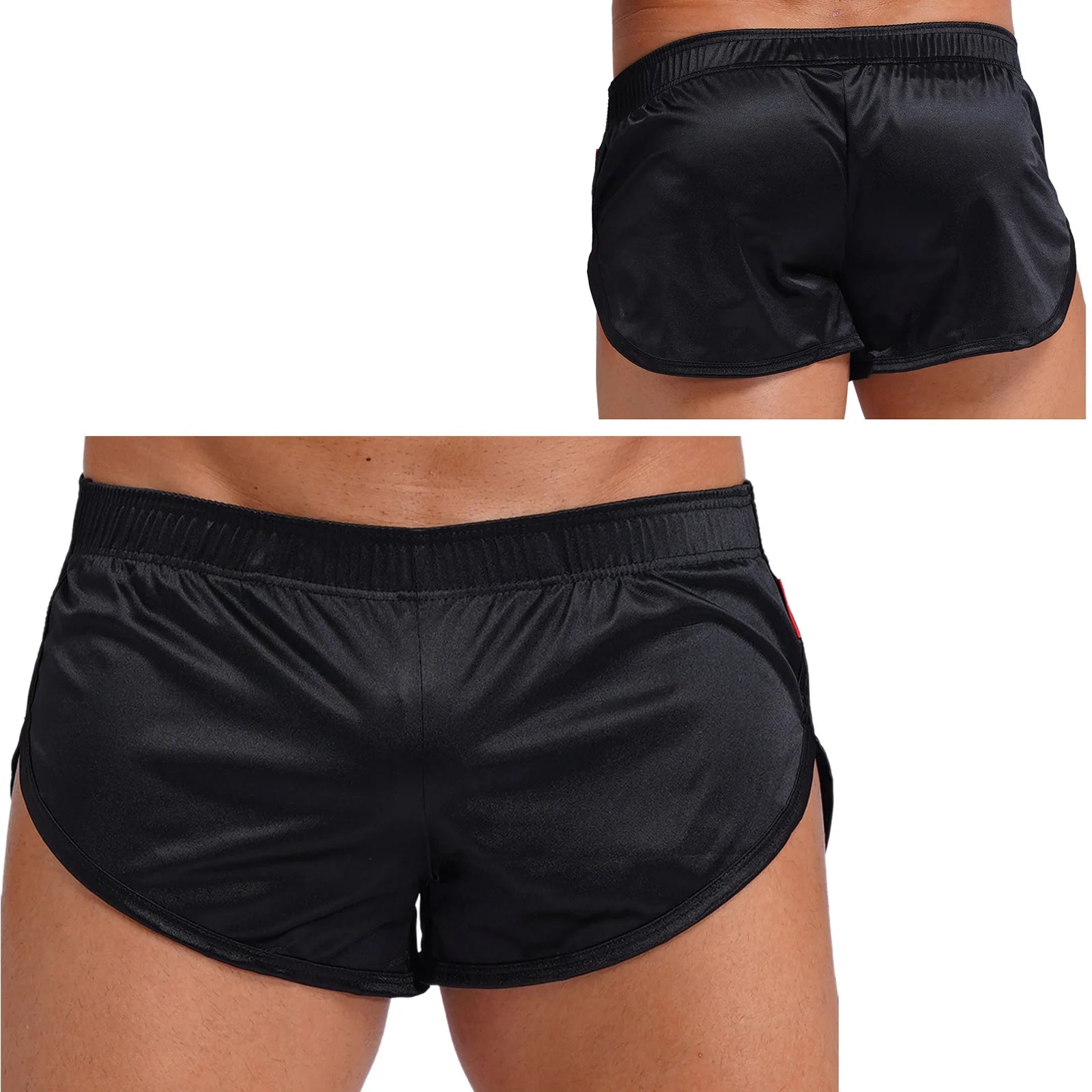 Men Side Split Satin Micro Shorts Built-in Bulge Pouch Boxer Brief Elastic Waistband Pajama Bottoms Loungewear Home Wear Trunks