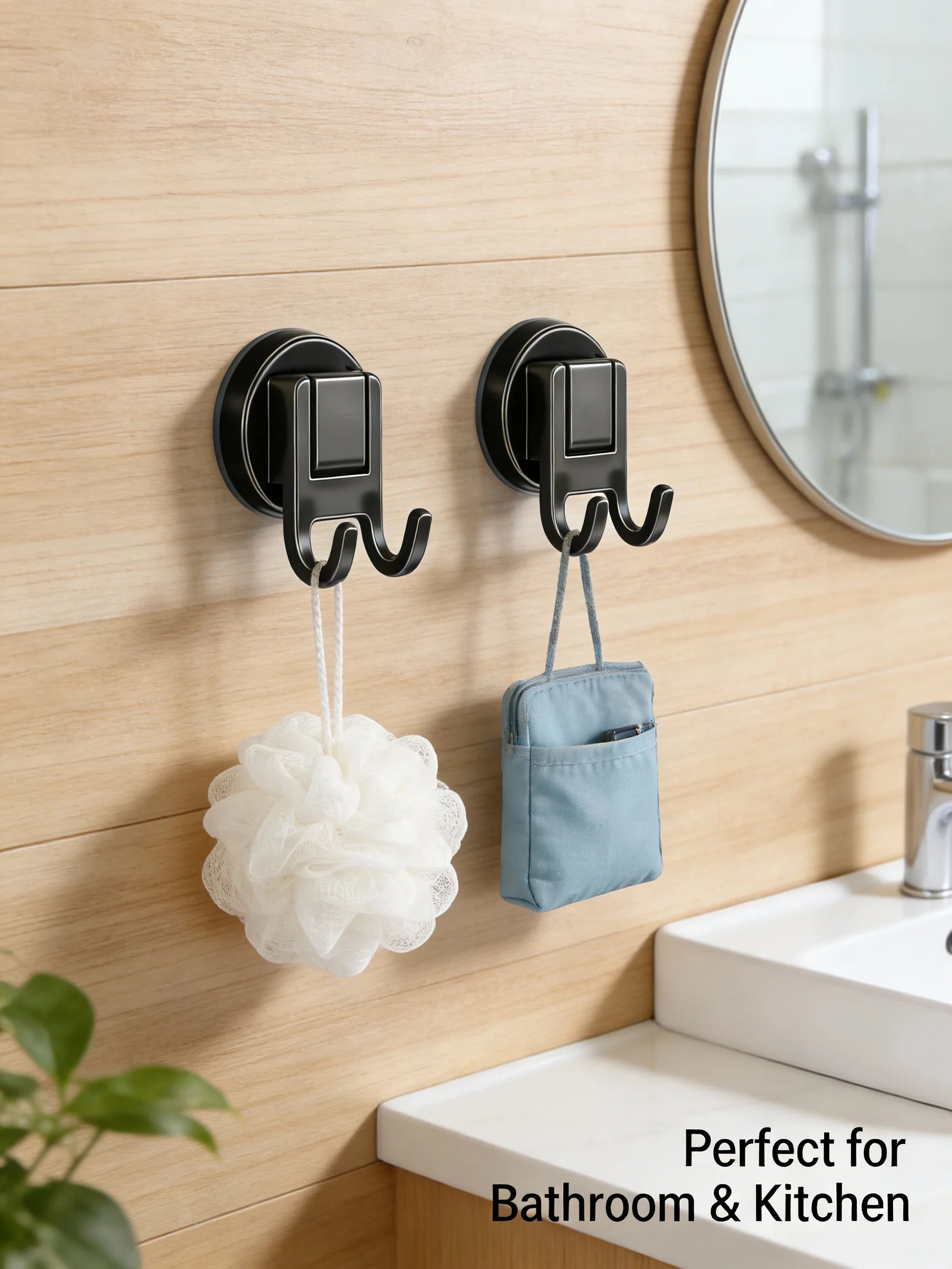 Suction Cup Double Hooks Carbon Steel No Drill Wall Hooks for Bathroom Kitchen Entryway Organizer for Home Office