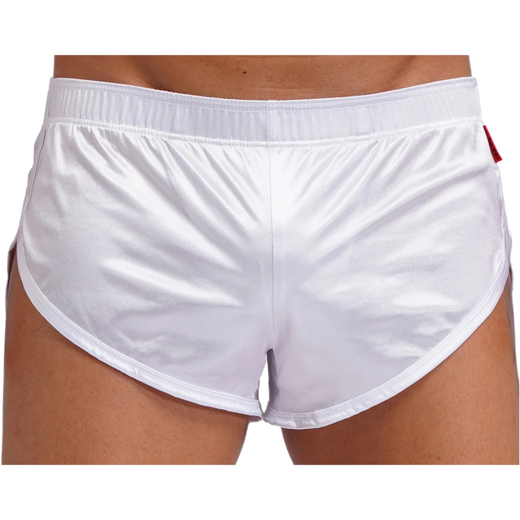 Men Side Split Satin Micro Shorts Built-in Bulge Pouch Boxer Brief Elastic Waistband Pajama Bottoms Loungewear Home Wear Trunks