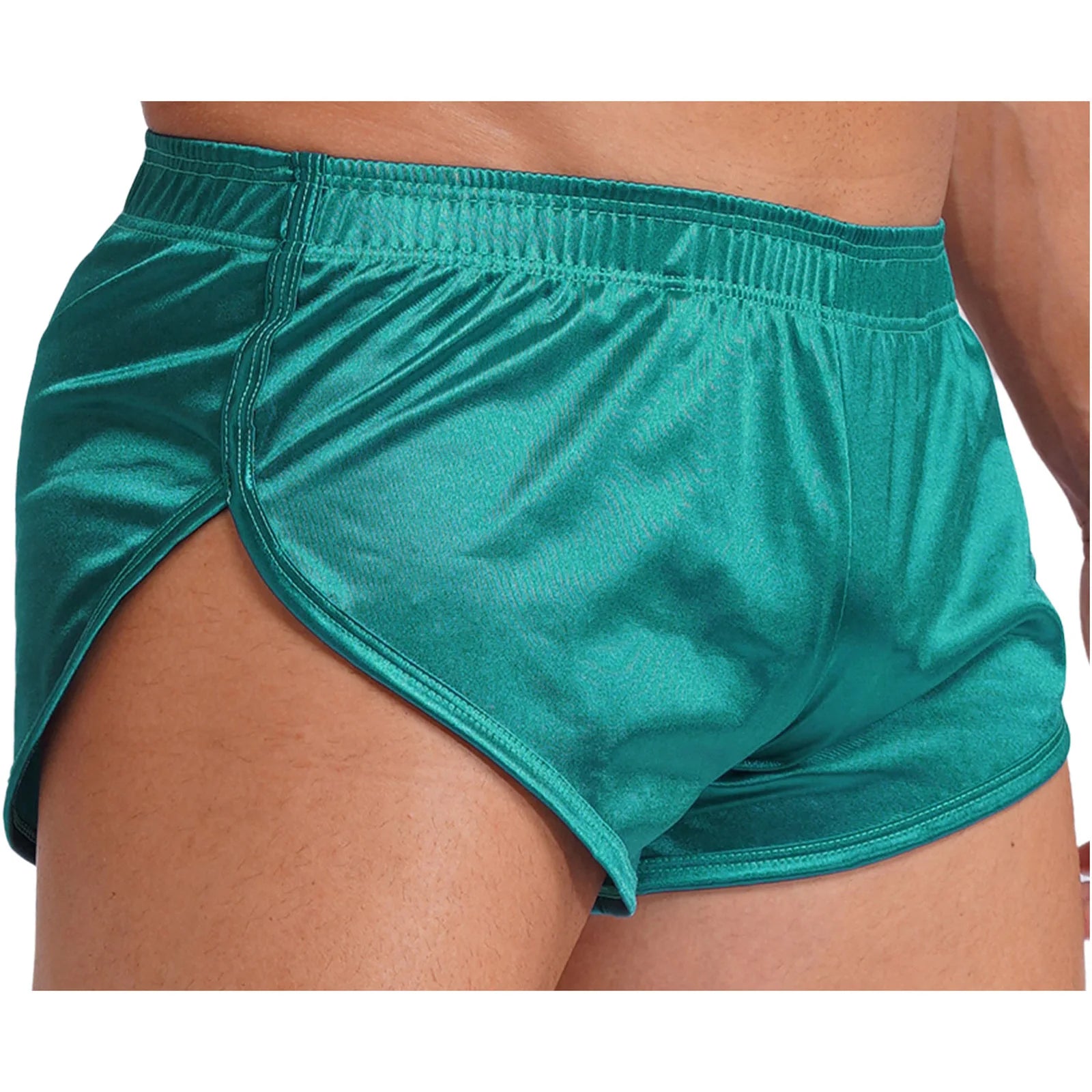 Men Side Split Satin Micro Shorts Built-in Bulge Pouch Boxer Brief Elastic Waistband Pajama Bottoms Loungewear Home Wear Trunks