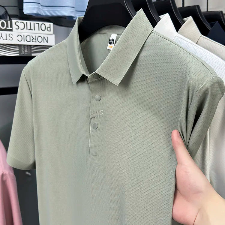 Men's Seamless Tech Polo Shirt - 4-Hole Button, 180g UV Sun Protection, 7A Antibacterial Business Leisure High-End Tops
