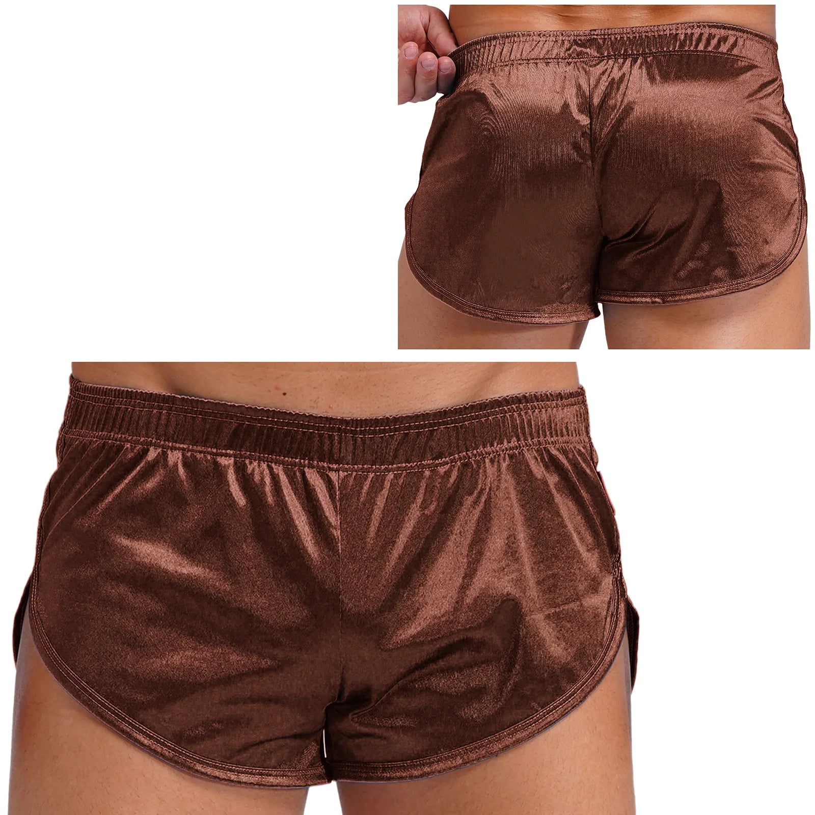 Men Side Split Satin Micro Shorts Built-in Bulge Pouch Boxer Brief Elastic Waistband Pajama Bottoms Loungewear Home Wear Trunks