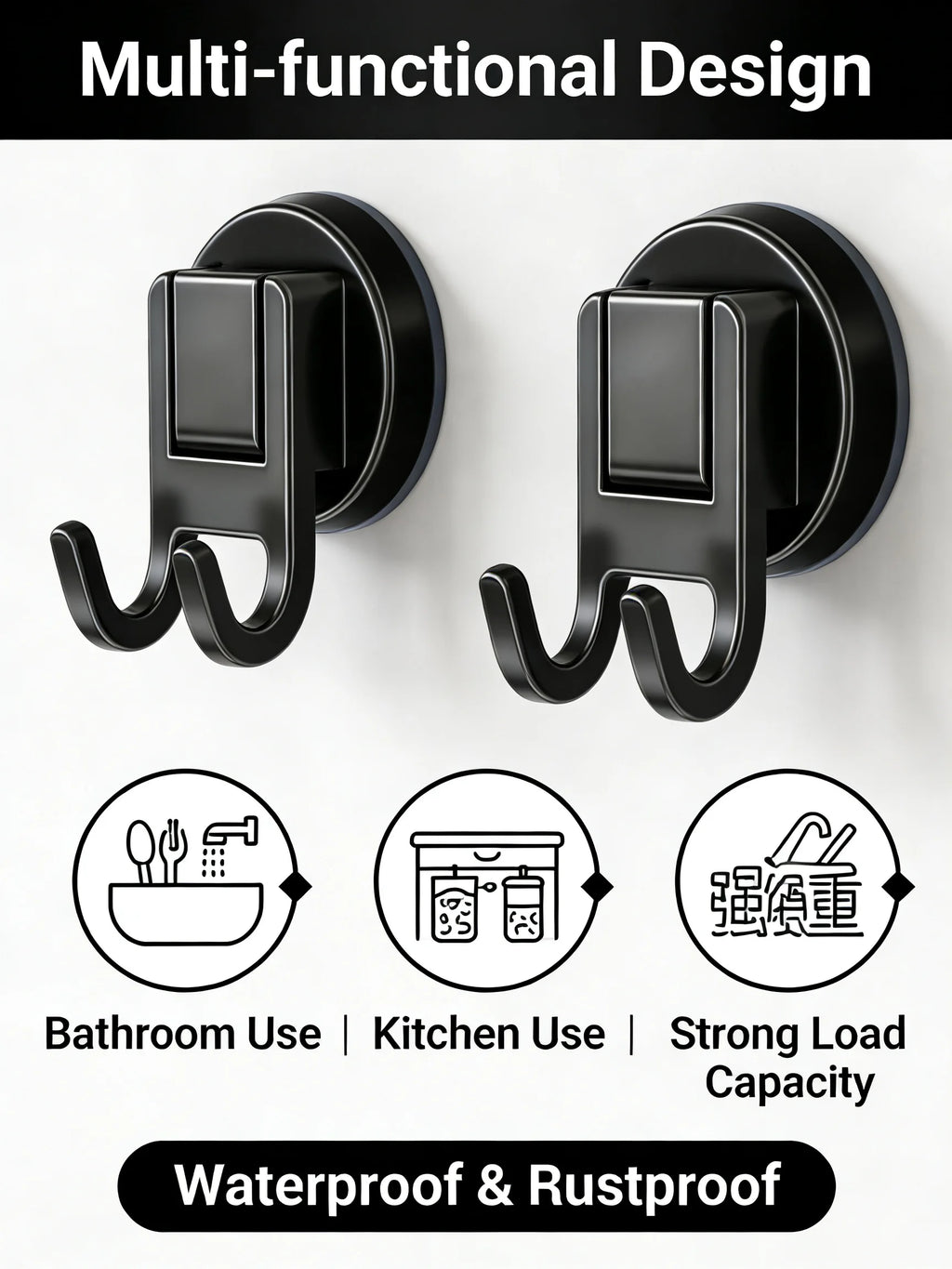 Suction Cup Double Hooks Carbon Steel No Drill Wall Hooks for Bathroom Kitchen Entryway Organizer for Home Office