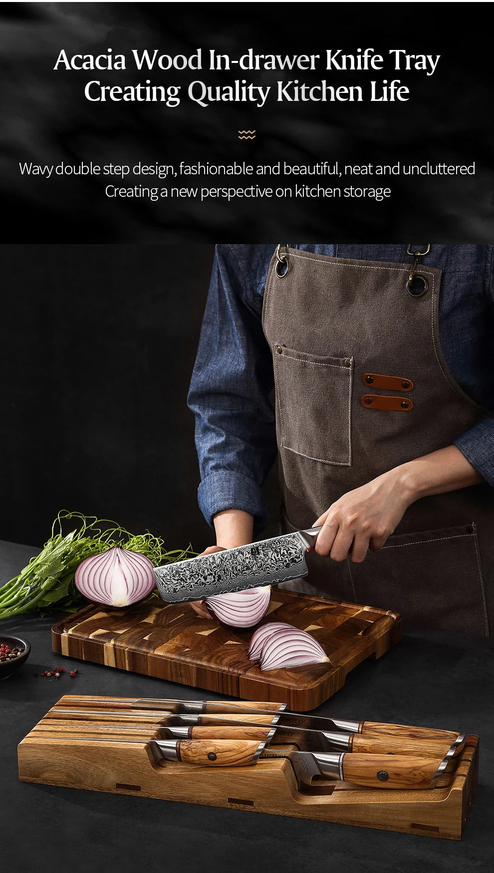 XINZUO New Arrival Acacia Solid Wood Double Layer Storage Kitchen Knife Holder 7 Slots  Organise Knives Neatly Kitchen Goodies