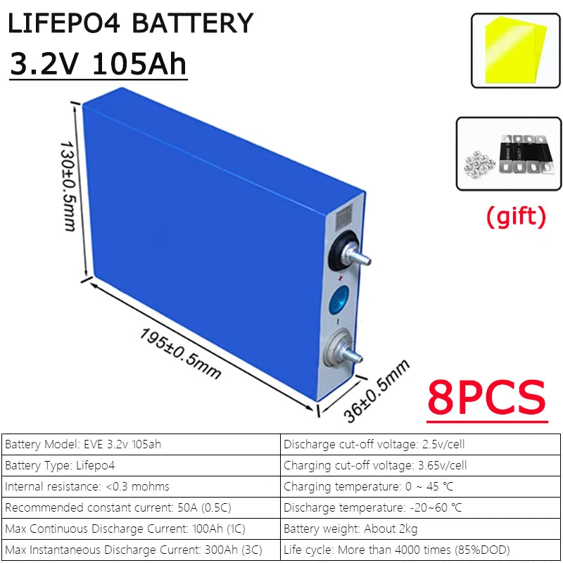 3.2V 105AH 230AH 250AH 280AH 304K 314AH 680AH EVE LifePO4 Battery Grade A Rechargeable DIY 12V 24V 48V for RV EV Home Energy