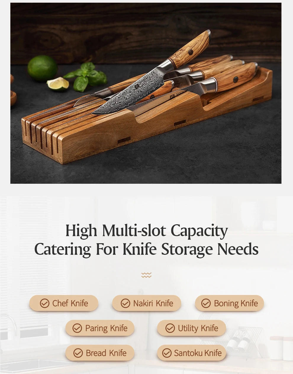 XINZUO New Arrival Acacia Solid Wood Double Layer Storage Kitchen Knife Holder 7 Slots  Organise Knives Neatly Kitchen Goodies