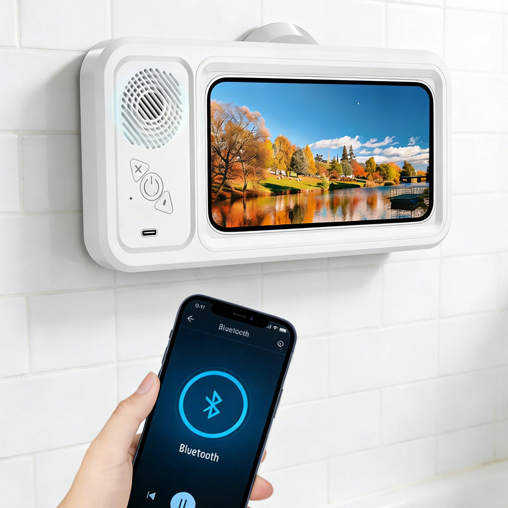 Wall Mounted Phone Holder 480° Rotation Touch Screen IPX5 Waterproof Bluetooth Speaker Shower Storage Case Mobile Phone Stand