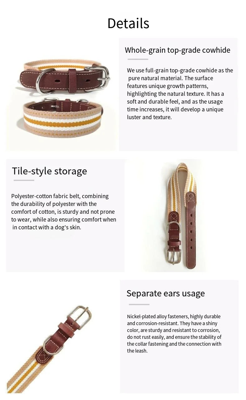Pet Collar Dog Collar Genuine Leather Cowhide Woven Webbing Polyester Cotton Collar Large and Small Dogs Pet Supplies
