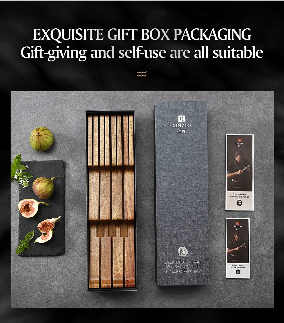 XINZUO New Arrival Acacia Solid Wood Double Layer Storage Kitchen Knife Holder 7 Slots  Organise Knives Neatly Kitchen Goodies