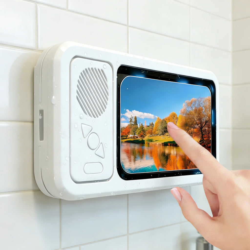 Wall Mounted Phone Holder 480° Rotation Touch Screen IPX5 Waterproof Bluetooth Speaker Shower Storage Case Mobile Phone Stand