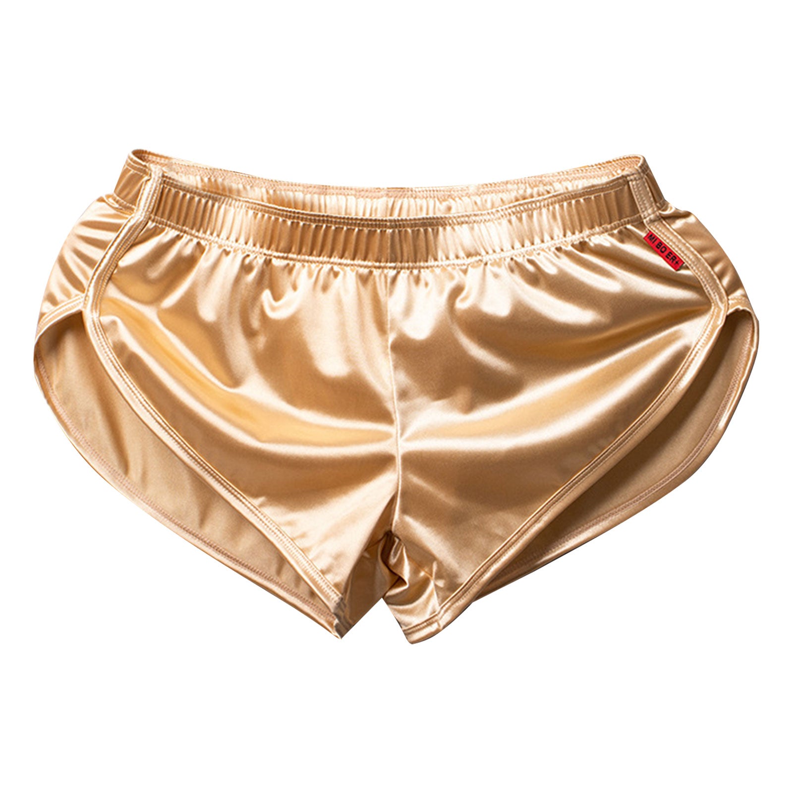 Men Side Split Satin Micro Shorts Built-in Bulge Pouch Boxer Brief Elastic Waistband Pajama Bottoms Loungewear Home Wear Trunks