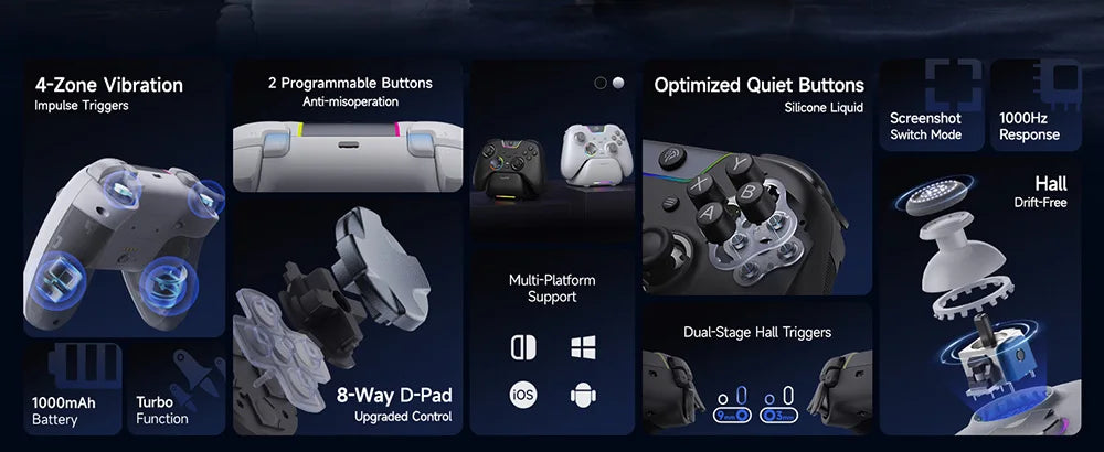EasySMX X05Pro Wireless Controller with Charging Dock, Silent Buttons, 1000mAh Battery, 3-Mode for Switch/PC/Phone/Steam