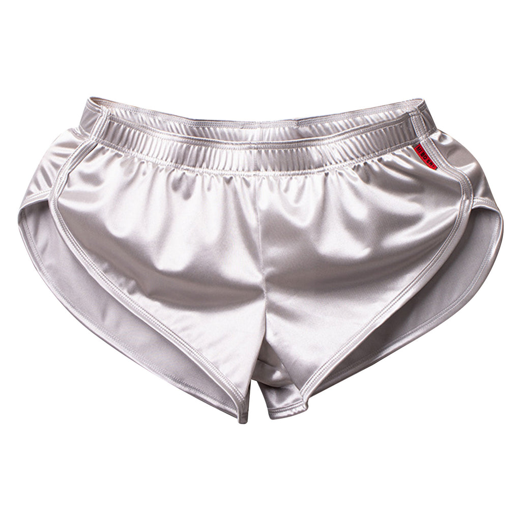 Men Side Split Satin Micro Shorts Built-in Bulge Pouch Boxer Brief Elastic Waistband Pajama Bottoms Loungewear Home Wear Trunks
