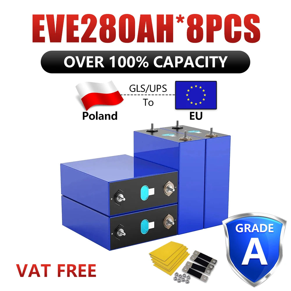 EU Hot Sale 280AH 304AH 314AH LiFePO4 Battery Grade A Rechargeable Cell Solar Home Storage EV Marine Boat Caravan EU VAT FREE