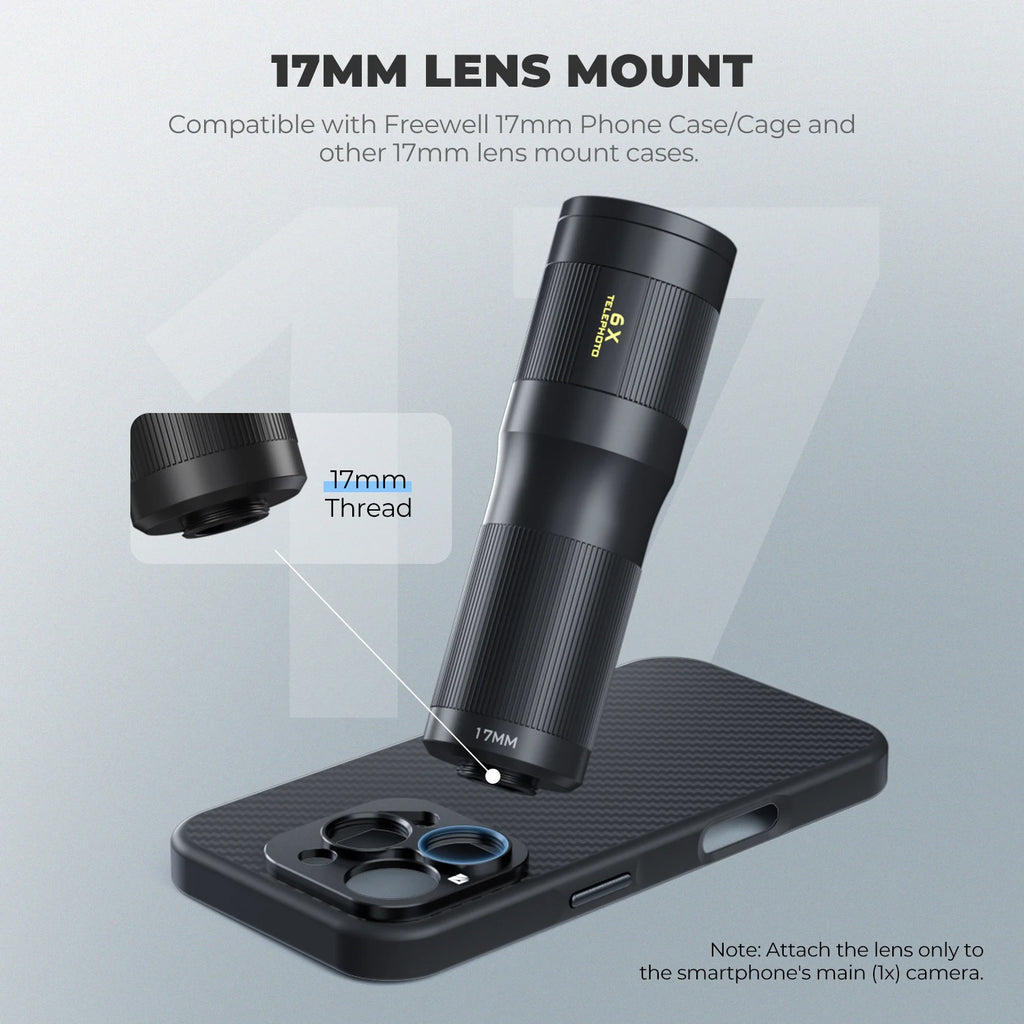 Freewell 6x Telephoto Lens Compatible 17mm Mount Phone Case for Enhanced Smartphone Zoom Photography Capture Distant Details