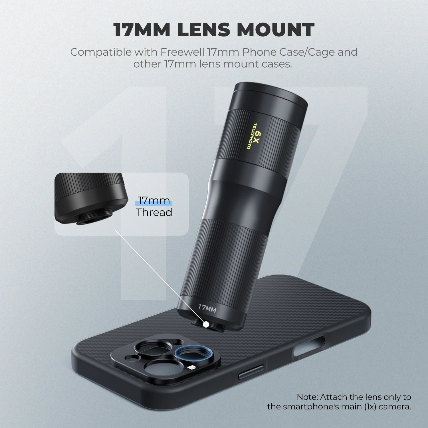 Freewell 6x Telephoto Lens Compatible 17mm Mount Phone Case for Enhanced Smartphone Zoom Photography Capture Distant Details