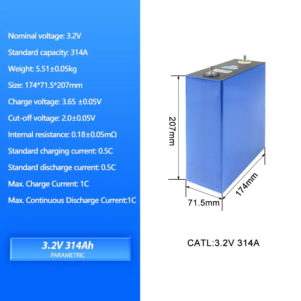3.2V 105AH 230AH 250AH 280AH 304K 314AH 680AH EVE LifePO4 Battery Grade A Rechargeable DIY 12V 24V 48V for RV EV Home Energy