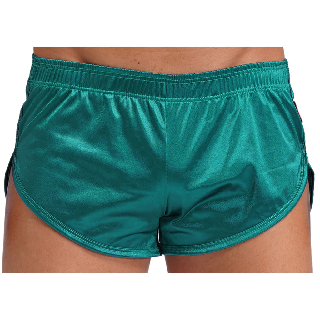 Men Side Split Satin Micro Shorts Built-in Bulge Pouch Boxer Brief Elastic Waistband Pajama Bottoms Loungewear Home Wear Trunks