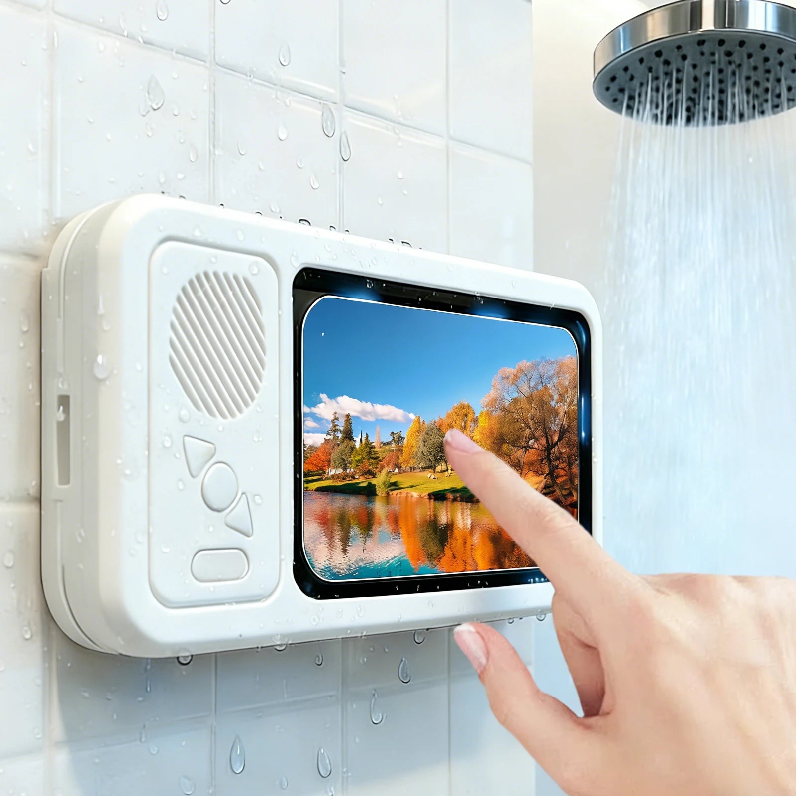 Wall Mounted Phone Holder 480° Rotation Touch Screen IPX5 Waterproof Bluetooth Speaker Shower Storage Case Mobile Phone Stand