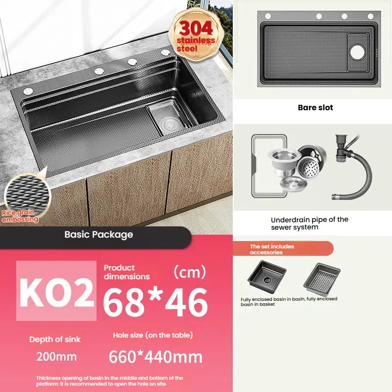 Household 304 Stainless Steel Kitchen Sink Rice Granule Embossing Antifouling Antiscratch Large Single Slot Dish Wash Basin