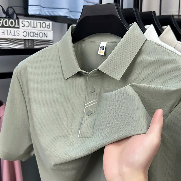 Men's Seamless Tech Polo Shirt - 4-Hole Button, 180g UV Sun Protection, 7A Antibacterial Business Leisure High-End Tops