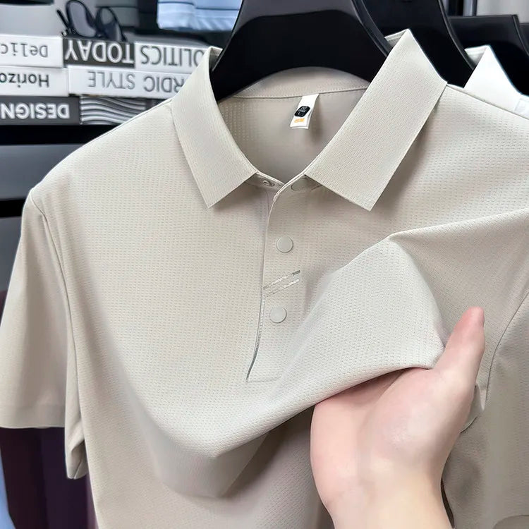 Men's Seamless Tech Polo Shirt - 4-Hole Button, 180g UV Sun Protection, 7A Antibacterial Business Leisure High-End Tops