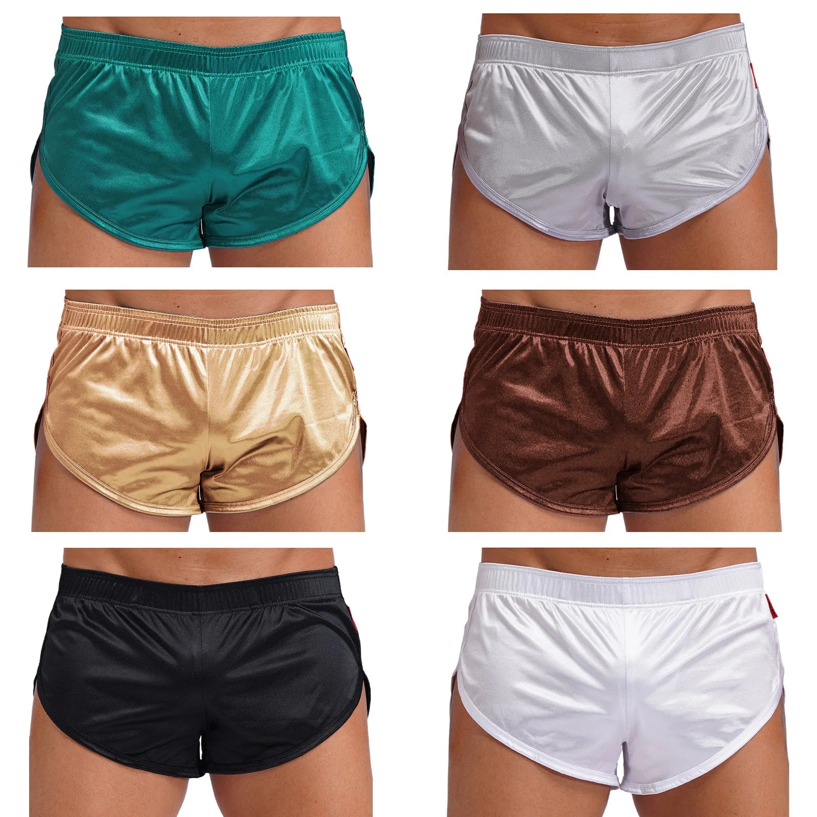 Men Side Split Satin Micro Shorts Built-in Bulge Pouch Boxer Brief Elastic Waistband Pajama Bottoms Loungewear Home Wear Trunks