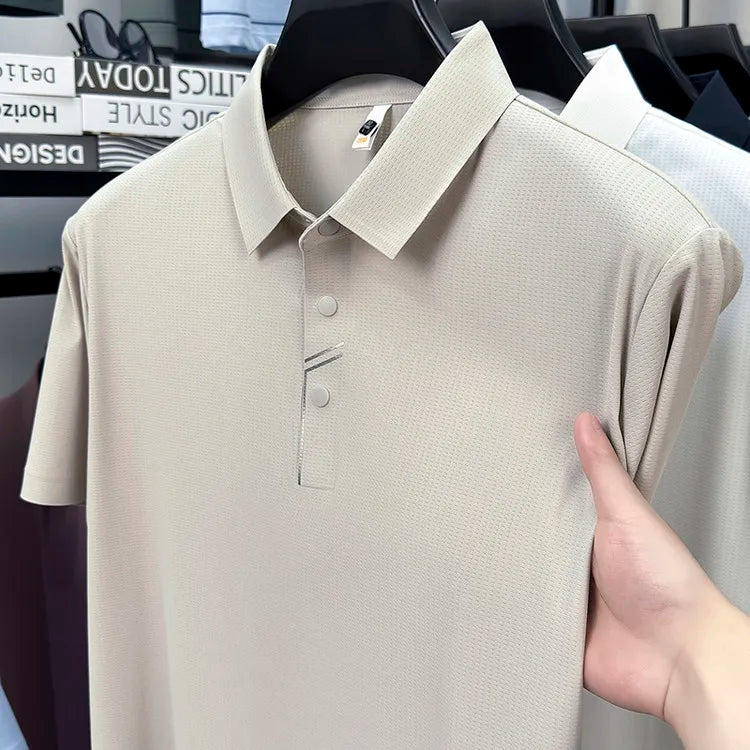 Men's Seamless Tech Polo Shirt - 4-Hole Button, 180g UV Sun Protection, 7A Antibacterial Business Leisure High-End Tops