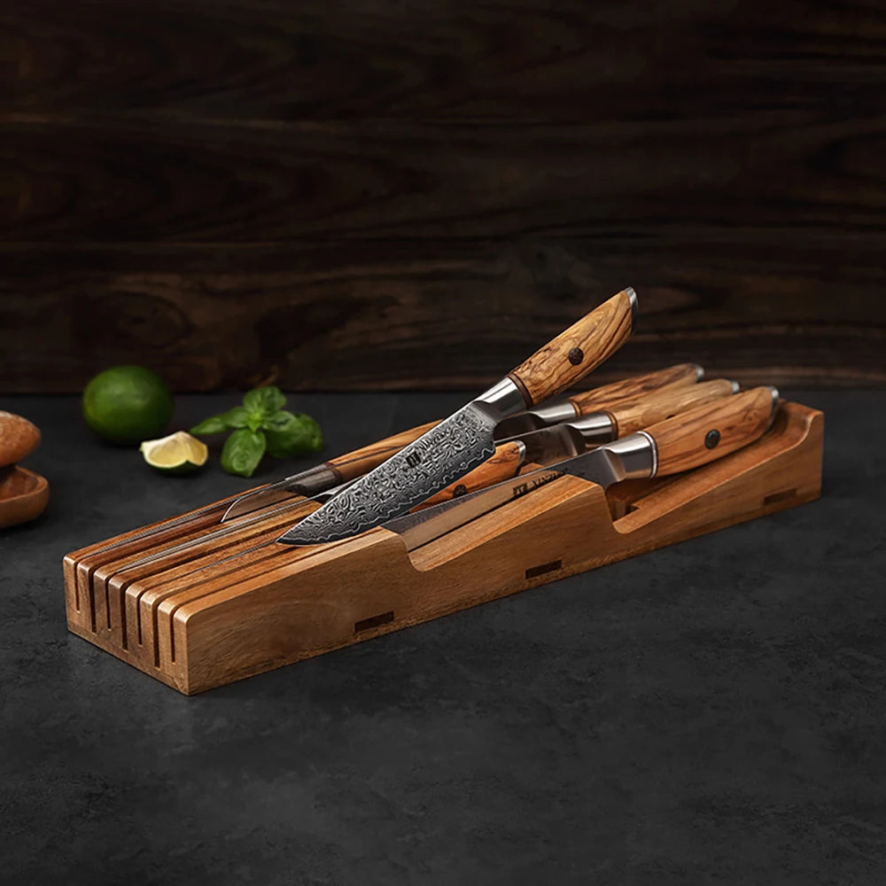 XINZUO New Arrival Acacia Solid Wood Double Layer Storage Kitchen Knife Holder 7 Slots  Organise Knives Neatly Kitchen Goodies