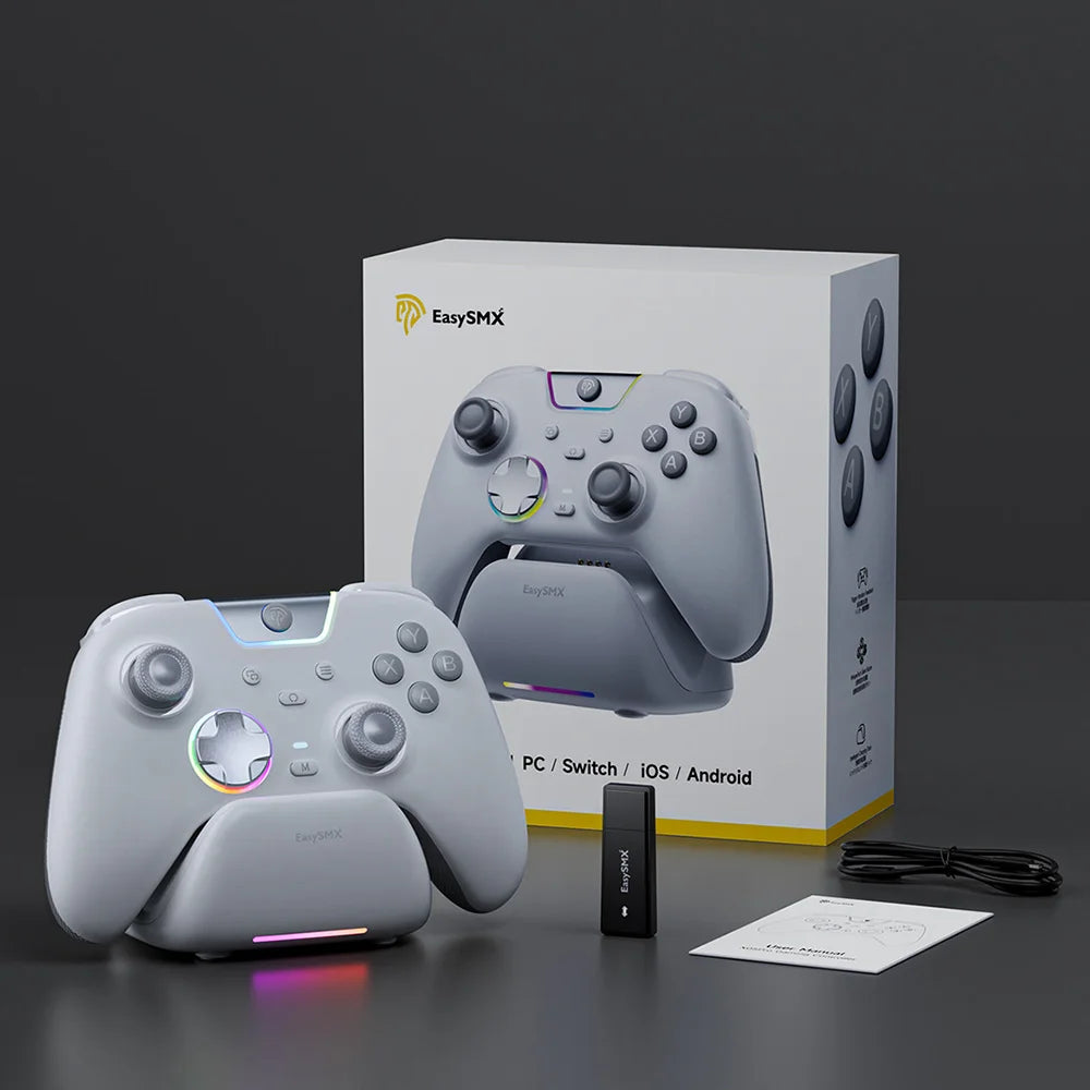 EasySMX X05Pro Wireless Controller with Charging Dock, Silent Buttons, 1000mAh Battery, 3-Mode for Switch/PC/Phone/Steam
