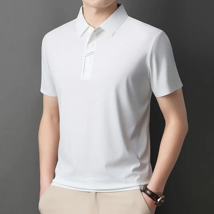 Men's Seamless Tech Polo Shirt - 4-Hole Button, 180g UV Sun Protection, 7A Antibacterial Business Leisure High-End Tops