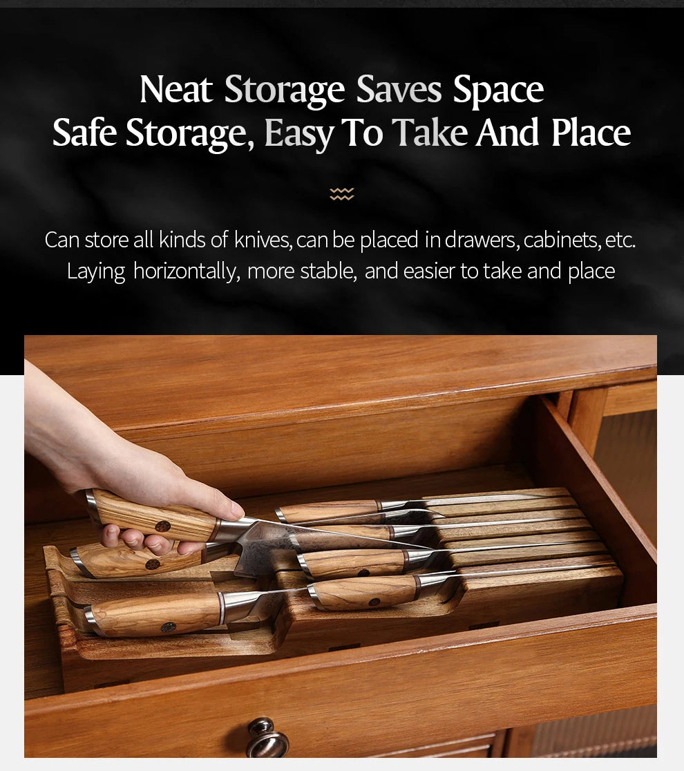 XINZUO New Arrival Acacia Solid Wood Double Layer Storage Kitchen Knife Holder 7 Slots  Organise Knives Neatly Kitchen Goodies