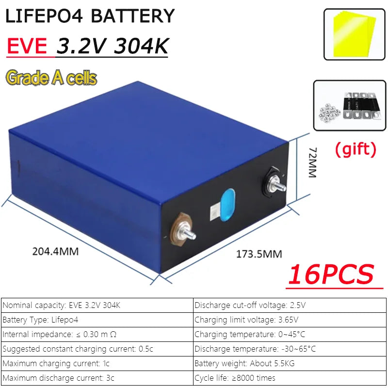 3.2V 105AH 230AH 250AH 280AH 304K 314AH 680AH EVE LifePO4 Battery Grade A Rechargeable DIY 12V 24V 48V for RV EV Home Energy