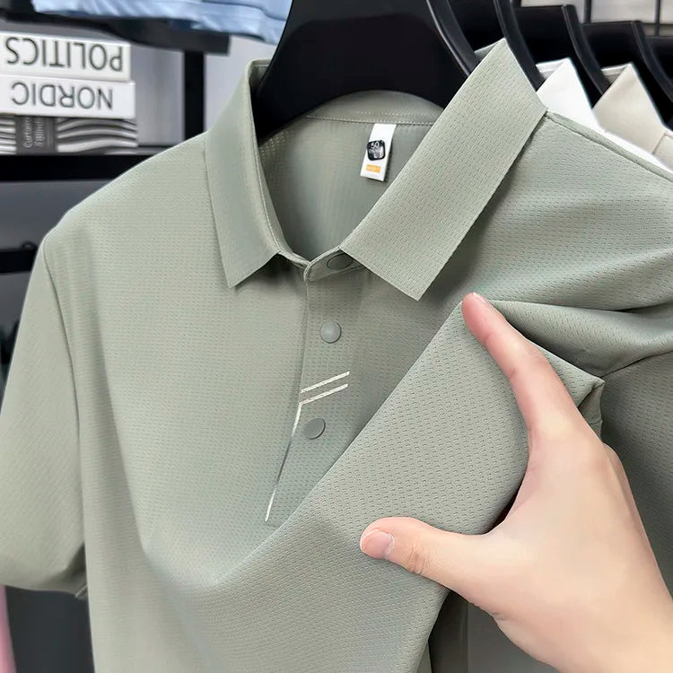 Men's Seamless Tech Polo Shirt - 4-Hole Button, 180g UV Sun Protection, 7A Antibacterial Business Leisure High-End Tops