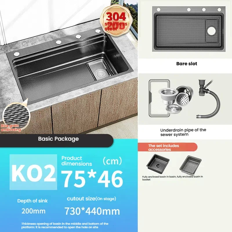 Household 304 Stainless Steel Kitchen Sink Rice Granule Embossing Antifouling Antiscratch Large Single Slot Dish Wash Basin