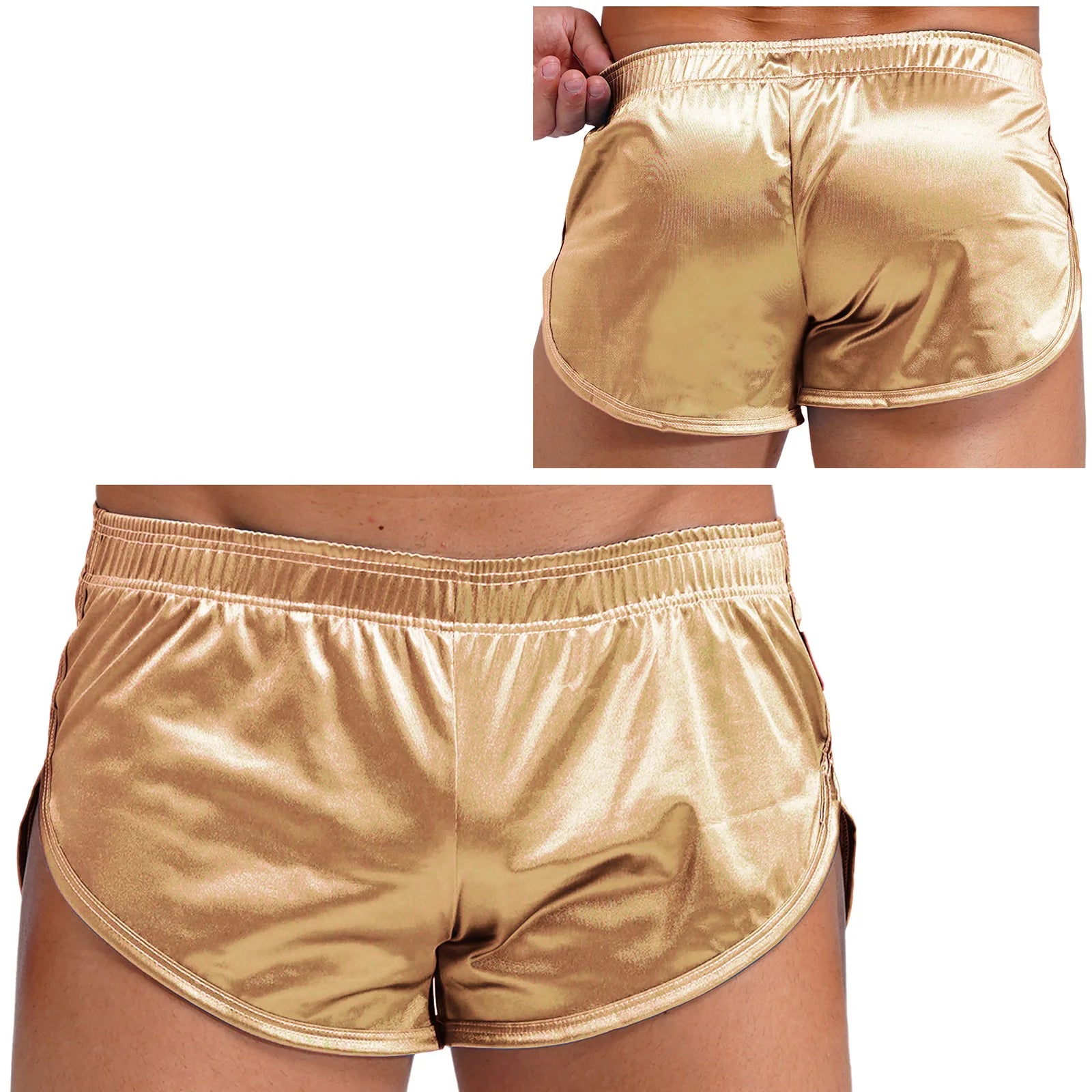 Men Side Split Satin Micro Shorts Built-in Bulge Pouch Boxer Brief Elastic Waistband Pajama Bottoms Loungewear Home Wear Trunks
