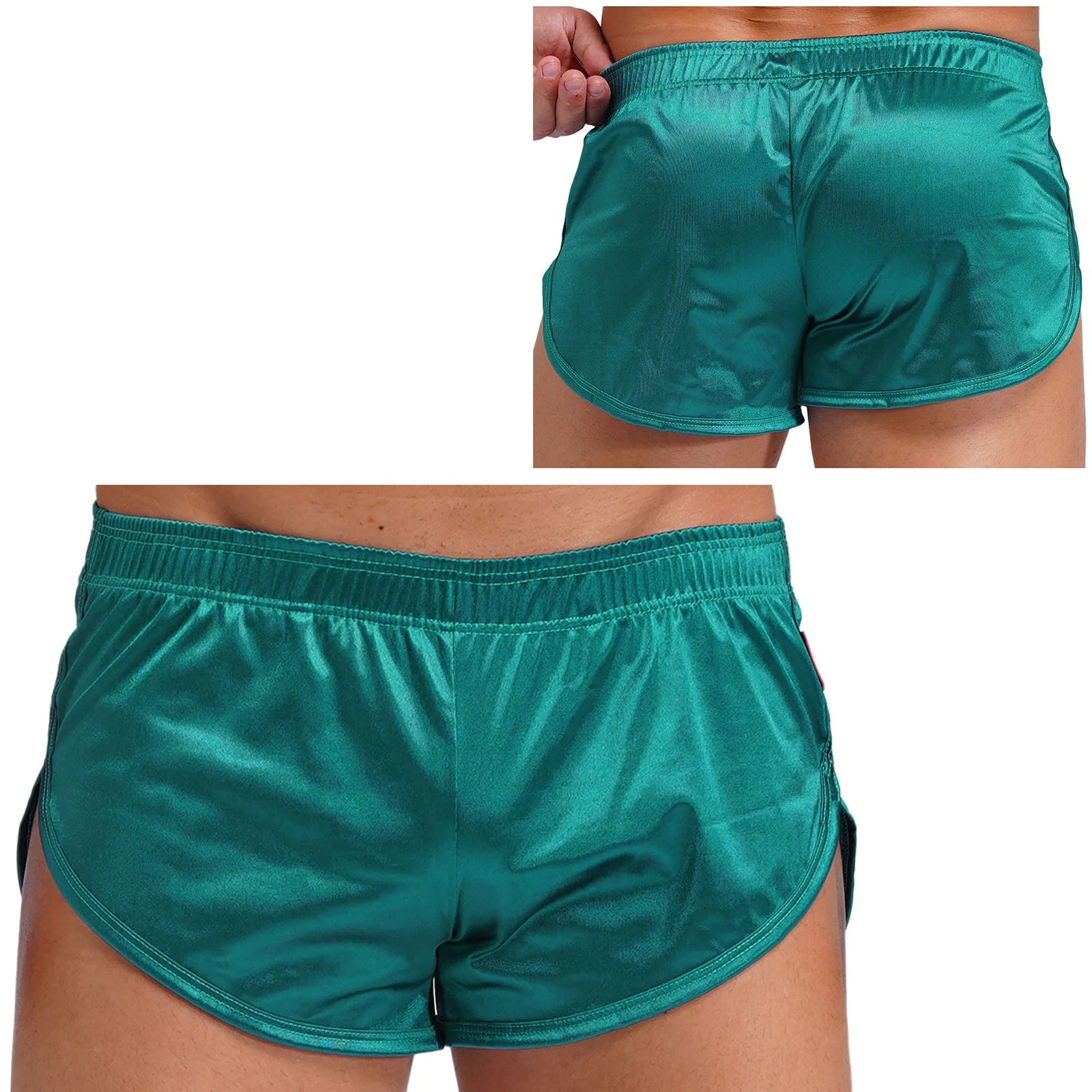 Men Side Split Satin Micro Shorts Built-in Bulge Pouch Boxer Brief Elastic Waistband Pajama Bottoms Loungewear Home Wear Trunks