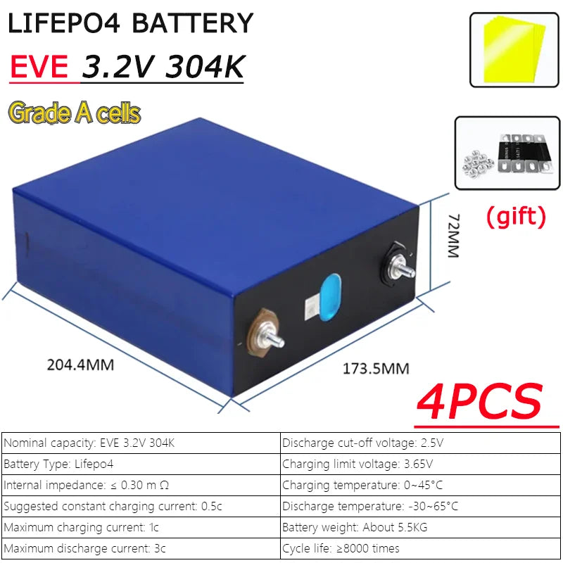 3.2V 105AH 230AH 250AH 280AH 304K 314AH 680AH EVE LifePO4 Battery Grade A Rechargeable DIY 12V 24V 48V for RV EV Home Energy
