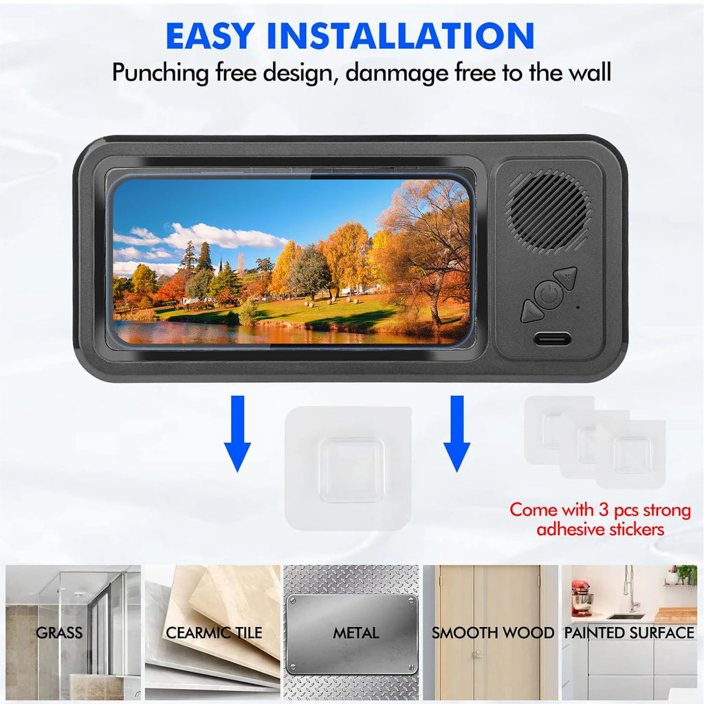 Wall Mounted Phone Holder 480° Rotation Touch Screen IPX5 Waterproof Bluetooth Speaker Shower Storage Case Mobile Phone Stand