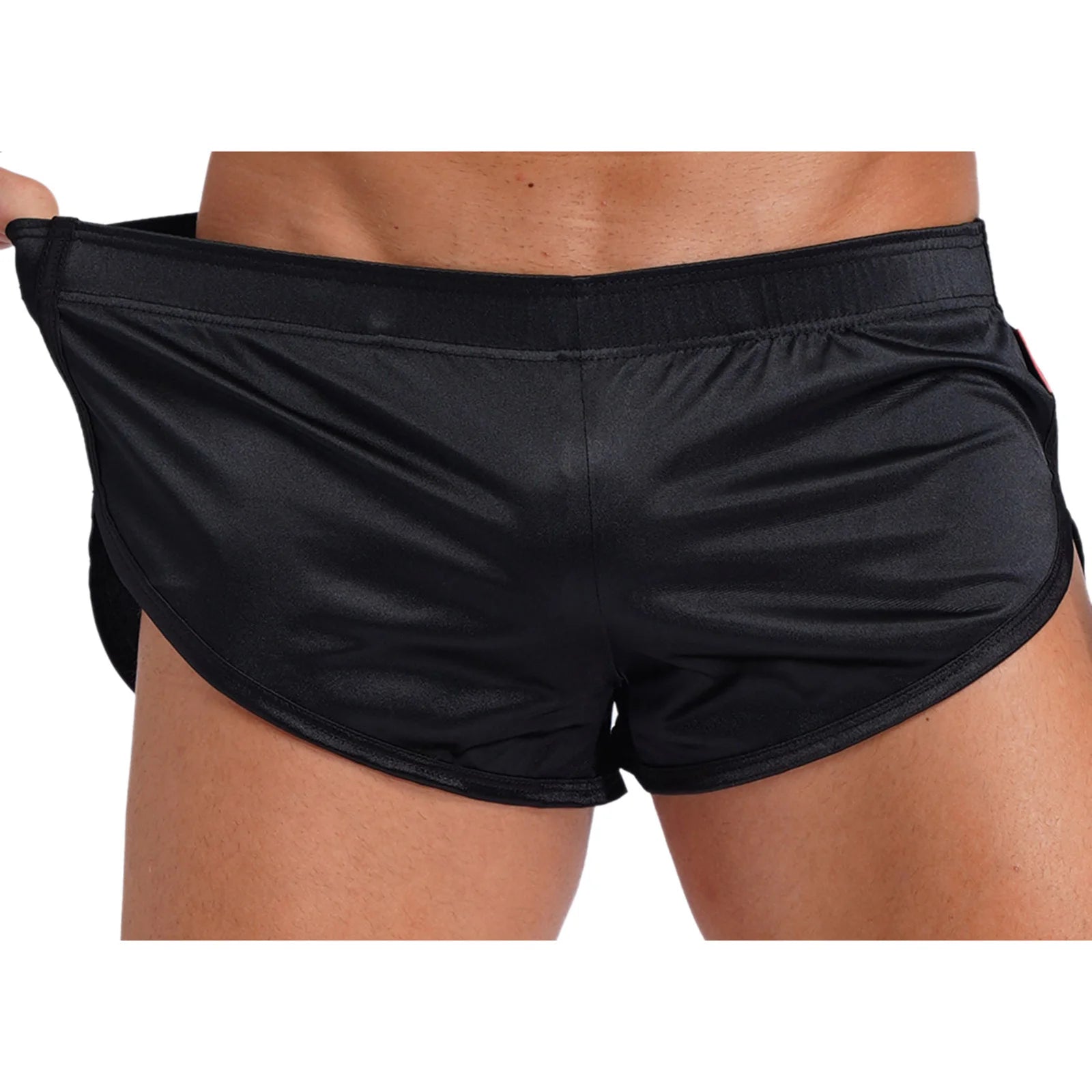 Men Side Split Satin Micro Shorts Built-in Bulge Pouch Boxer Brief Elastic Waistband Pajama Bottoms Loungewear Home Wear Trunks